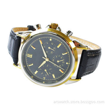 2014 Men's fashion watch with gold-plated case, multifunction chrono movement